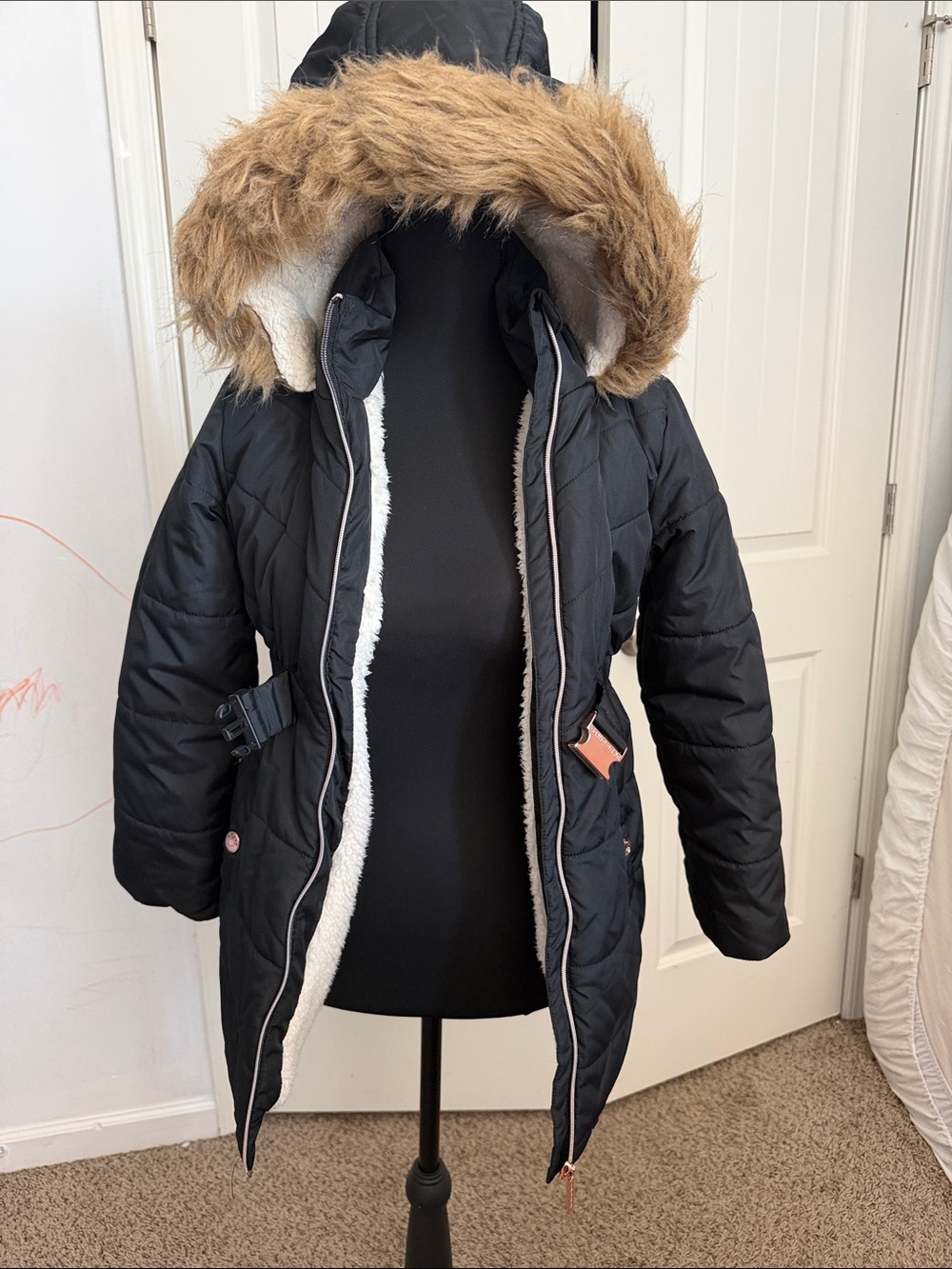 Black Kids Puffer Coat with Faux Fur Hood